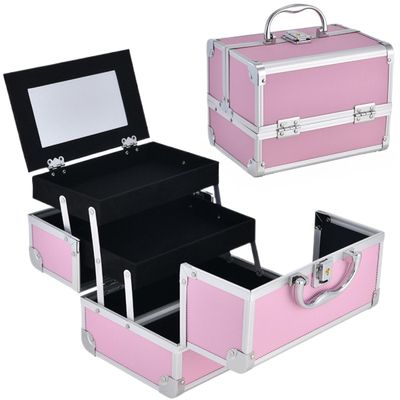 APSEQR Makeup Bag Cosmetic Case Portable Cosmetic Box with Aluminium Frame, Lockable, Tiered Trays, Built in Mirror, Spacious Storage for Cosmetologists and Makeup Artists
