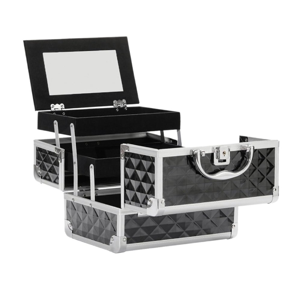 APSEQR Makeup Bag Cosmetic Case, Portable Cosmetic Box Multi Layer Makeup Organizer with Aluminium Frame, Dividers, Lockable Drawer, Mirror for Professionals and Beauty Enthusiasts