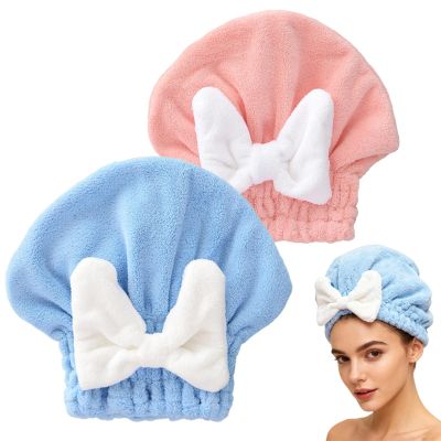 2 Pack Ultra Absorbent Hair Quick Drying Towel for Women, New Microfiber Hair Towel Wrap Dry Turban, Soft Bow Tie Plopping Head Towels Shower Cap for All Hair Style (Blue and Pink)