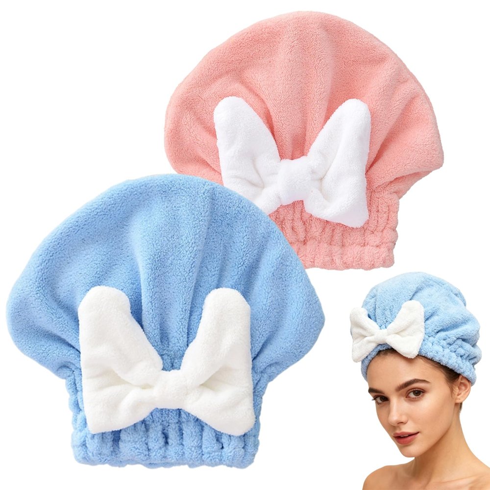 2 Pack Ultra Absorbent Hair Quick Drying Towel for Women, New Microfiber Hair Towel Wrap Dry Turban, Soft Bow Tie Plopping Head Towels Shower Cap for All Hair Style (Blue and Pink)