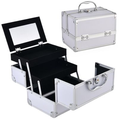 APSEQR Makeup Bag Cosmetic Case Professional Makeup Organizer Case with Aluminium Frame, Lockable, Multi Layer Storage, Extendable Trays Ideal for Cosmetologists Artists (White, 23x17x17cm)