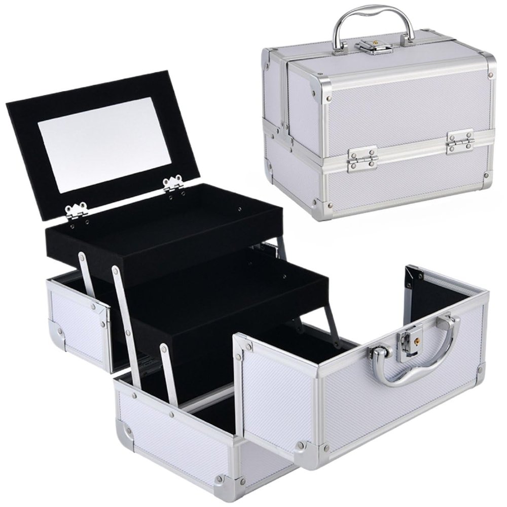 APSEQR Makeup Bag Cosmetic Case Professional Makeup Organizer Case with Aluminium Frame, Lockable, Multi Layer Storage, Extendable Trays Ideal for Cosmetologists Artists (White, 23x17x17cm)
