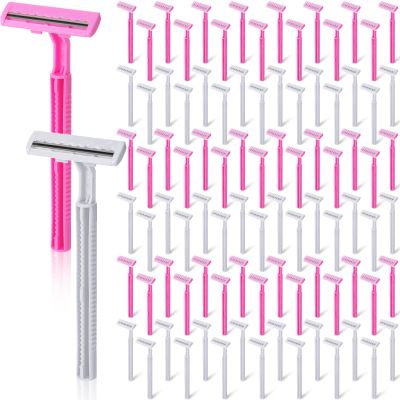 Hanaive Women's Disposable Razors Bulk Twin Blade Disposable Stainless Steel Hospitality Quality Shaver Multipurpose Portable Shave Razor Manual for Bathing Hotel Travel (Pink White,100 Pcs)