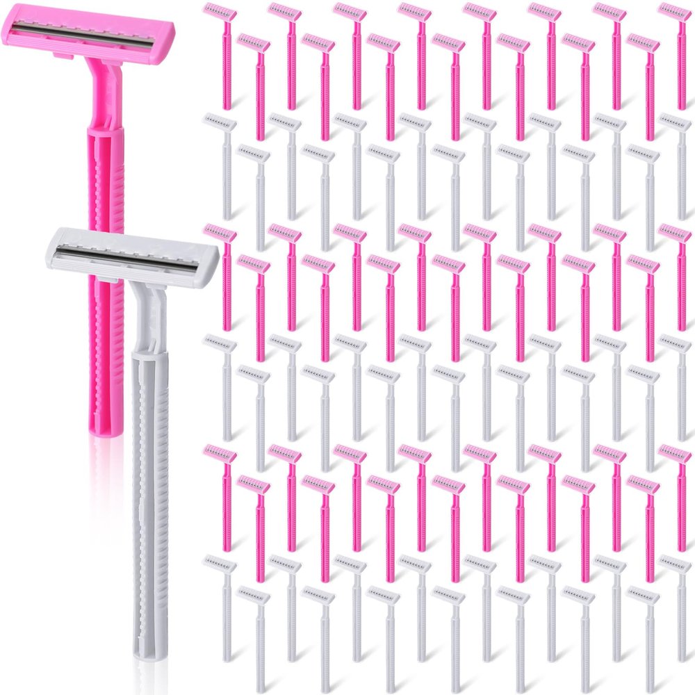 Hanaive Women's Disposable Razors Bulk Twin Blade Disposable Stainless Steel Hospitality Quality Shaver Multipurpose Portable Shave Razor Manual for Bathing Hotel Travel (Pink White,100 Pcs)