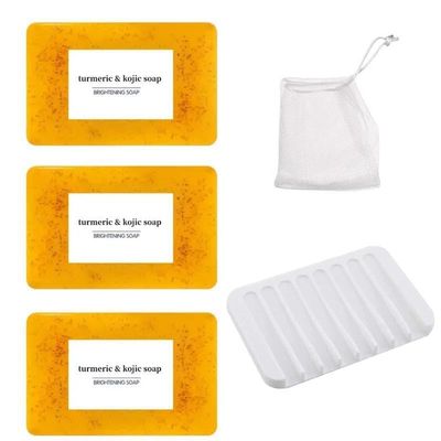 Natural Turmeric & Kojic Brightening Soap Set, 3 Pack Handmade Bar Soap with Mesh Storage Bag, Facial and Body Cleansing