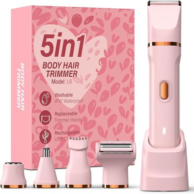 HOHOLE 5-in-1 Bikini Trimmer for Women, IPX7 Waterproof Electric Razors Shaver, Cordless Body Hair Trimmer, Facial & Pubic Hair Removal, Ceramic Blade (Pink)