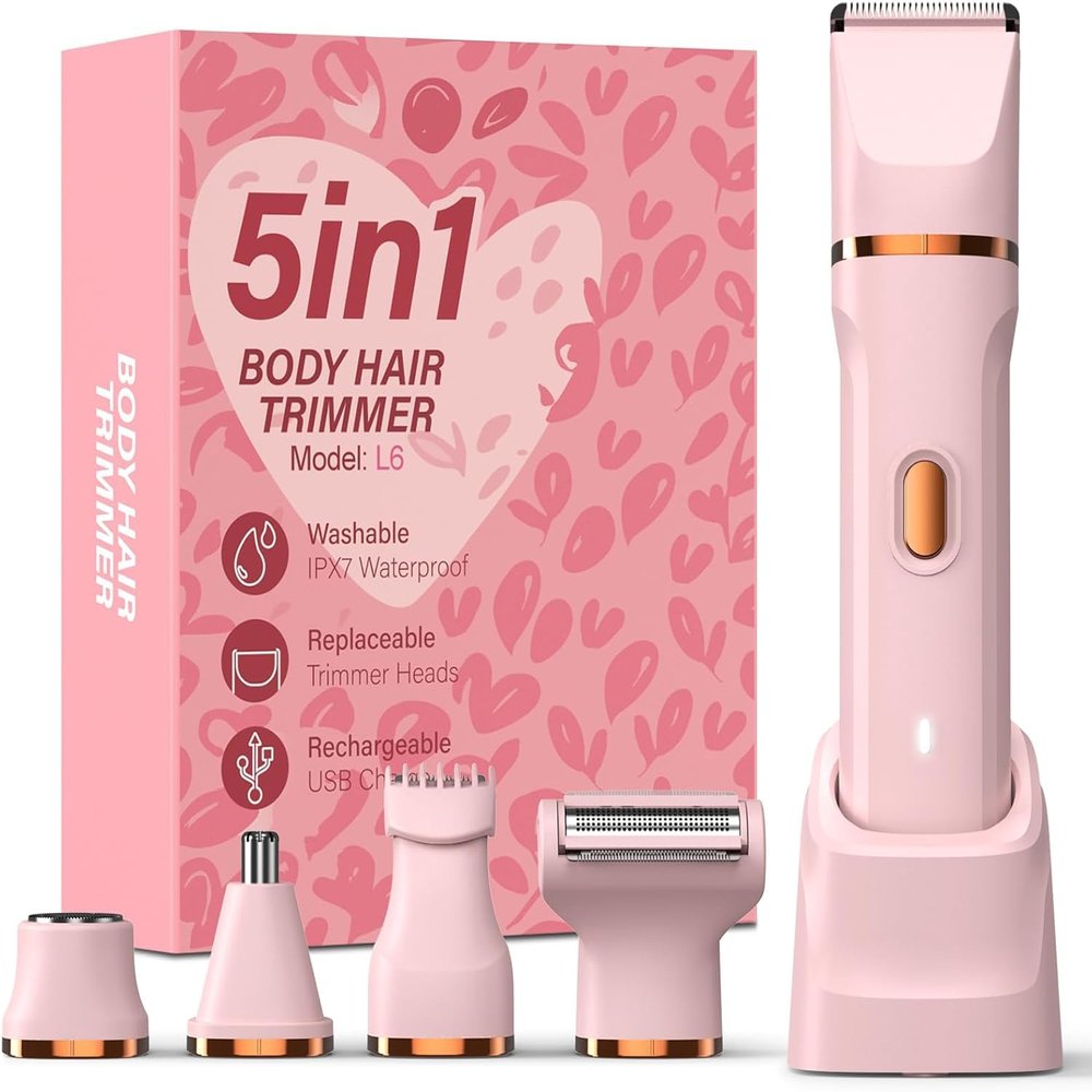 HOHOLE 5-in-1 Bikini Trimmer for Women, IPX7 Waterproof Electric Razors Shaver, Cordless Body Hair Trimmer, Facial & Pubic Hair Removal, Ceramic Blade (Pink)