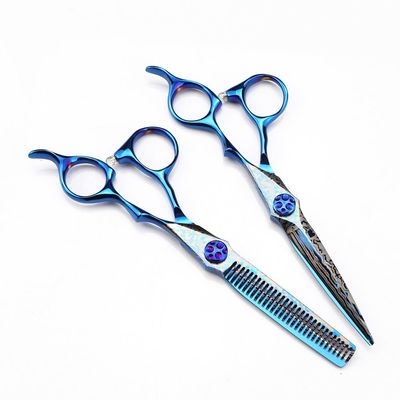 Hair Cutting Scissors, 6 Inch Professional Blue Damascus Gem Screw Haircut Thinning Barber Tools Steel Shears Hairdressing Set