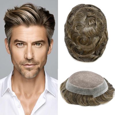 FNY HAIR Toupee Men Hairpieces Fine Mono Hair Piece For Men Real Human Hair Replacement System Poly Skin Mens Toupee Protesis Capilar Hombre 6X8 120% Density 540# 5# Medium Light Brown+40% Gray