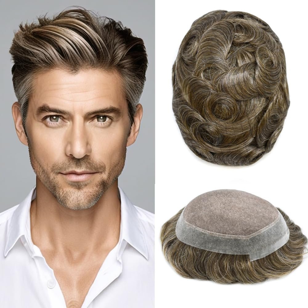 FNY HAIR Toupee Men Hairpieces Fine Mono Hair Piece For Men Real Human Hair Replacement System Poly Skin Mens Toupee Protesis Capilar Hombre 6X8 120% Density 540# 5# Medium Light Brown+40% Gray