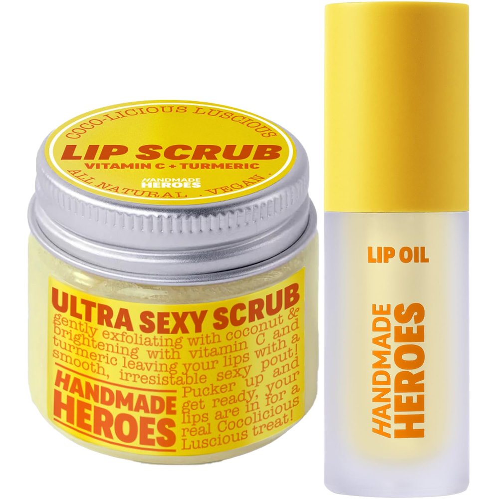Handmade Heroes Turmeric & Vitamin C Lip Care Kit  100% Natural Lip Scrub & Lip Oil for Dry Dull Lips - Brightening & Nourishing Lip Therapy Set