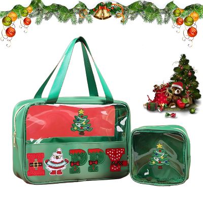 Christmas Makeup Bag, 12-Pack of Mini Christmas Gift Bags, Small Nylon Zipper Pouches with Chenille Patch, Clear Frosted Holiday Gift Bags, Mini Chrismas Pouches,Travel Cosmetic Pouche (B-2pcs)