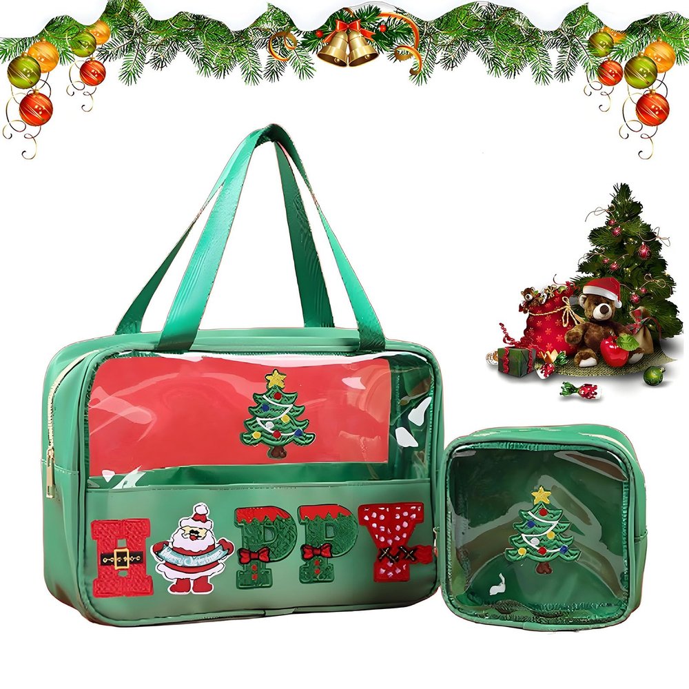 Christmas Makeup Bag, 12-Pack of Mini Christmas Gift Bags, Small Nylon Zipper Pouches with Chenille Patch, Clear Frosted Holiday Gift Bags, Mini Chrismas Pouches,Travel Cosmetic Pouche (B-2pcs)