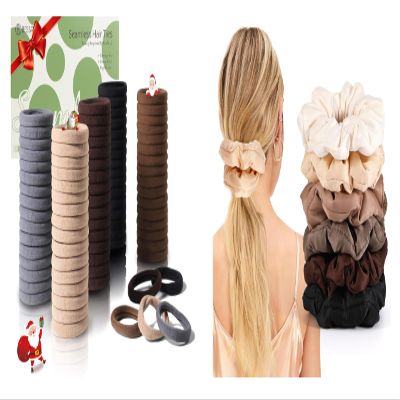 100 PCS Brown Hair Ties & 6 Pack Large Satin Pillow Hair Scrunchies