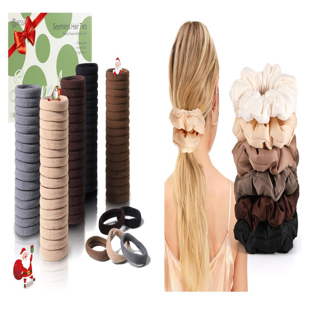 100 PCS Brown Hair Ties & 6 Pack Large Satin Pillow Hair Scrunchies