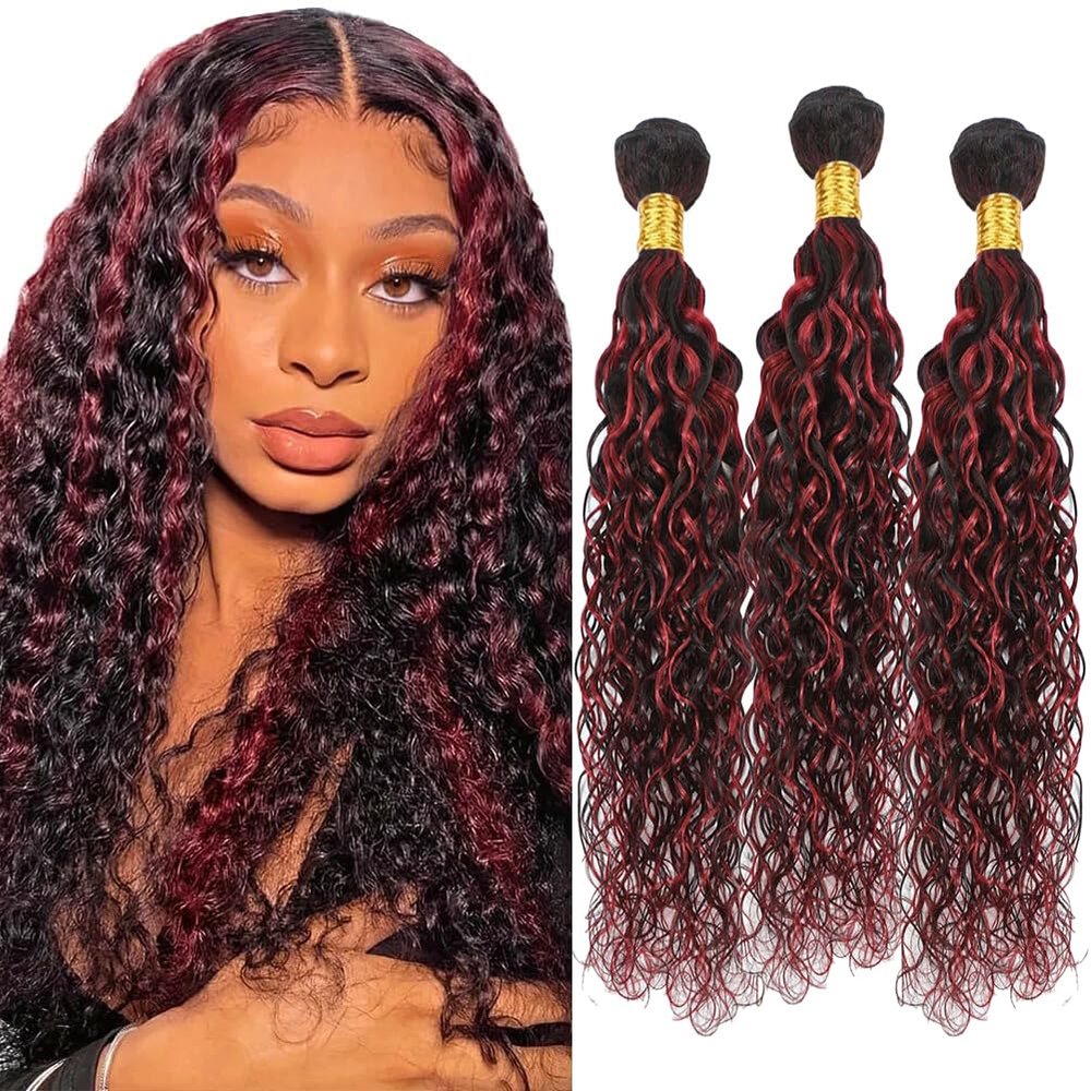 Highlight 1B99J Black Burgundy Human Hair Bundles Water Wave Unprocessed Native Virgin Trippy 3 Hair Extensions 12 14 16 Inch 2 Tone Mixed 50 Gram Per Bundle for Woman