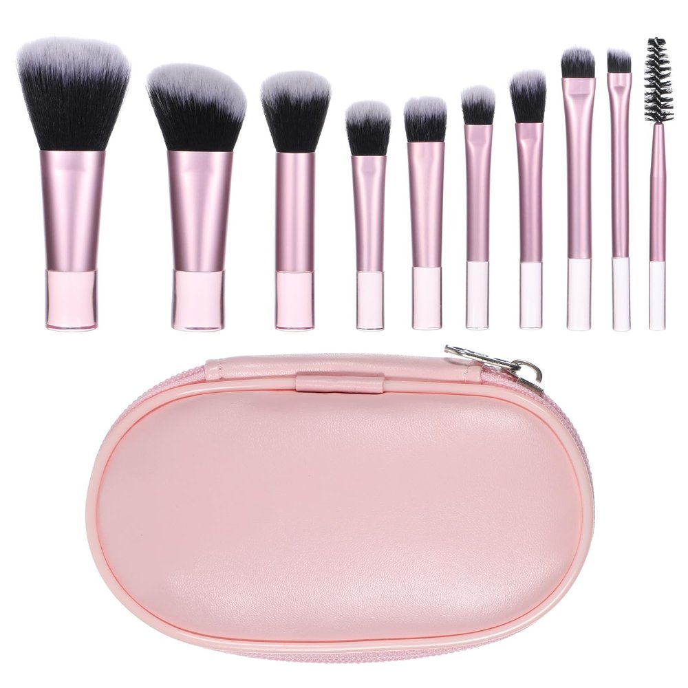 10 Pcs Mini Makeup Brushes Travel Makeup Brush Set Pink Portable Full Complete Function Cosmetic Kit with Pouch Short Makeups Brush Small Travel Essentials for Women Girls Foundation Eyeshadow Blush