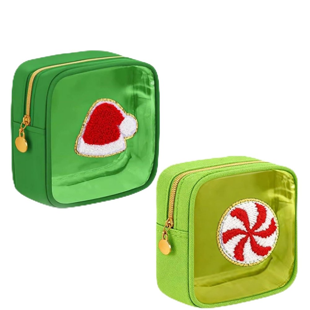 2026 New Christmas Preppy Patch Makeup Bags, 12 Pack Mini Clear Zipper Makeup Bag, Small Square Nylon Holiday Travel Skincare Cosmetic for Women Gift (2Pcs, I)