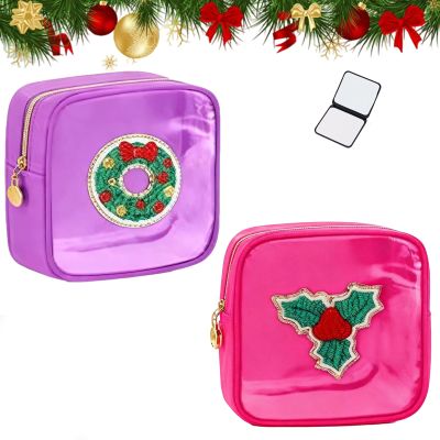 2026 New Christmas Preppy Patch Makeup Bags, 12 Pack Mini Clear Zipper Makeup Bag, Small Square Nylon Holiday Travel Skincare Cosmetic for Women Gift (2Pcs, C)