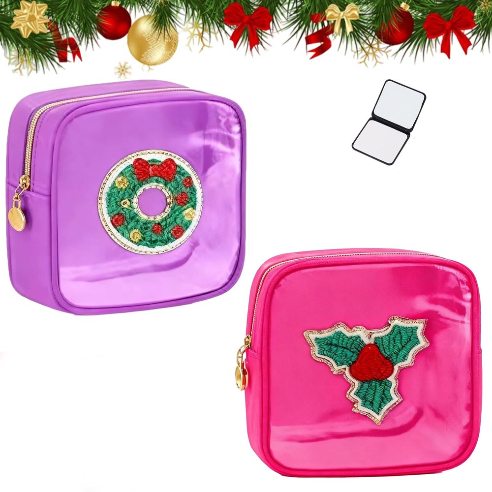 2026 New Christmas Preppy Patch Makeup Bags, 12 Pack Mini Clear Zipper Makeup Bag, Small Square Nylon Holiday Travel Skincare Cosmetic for Women Gift (2Pcs, C)
