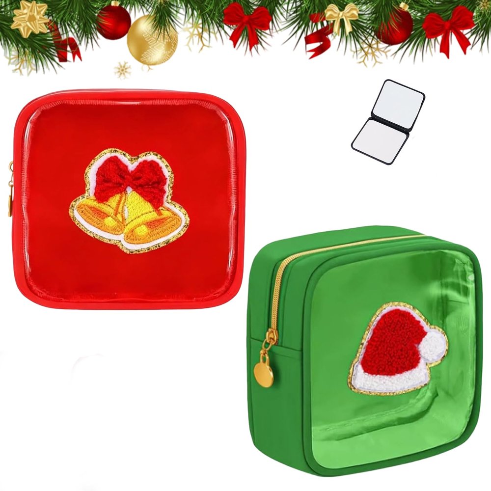 2026 New Christmas Preppy Patch Makeup Bags, 12 Pack Mini Clear Zipper Makeup Bag, Small Square Nylon Holiday Travel Skincare Cosmetic for Women Gift (2Pcs, A)