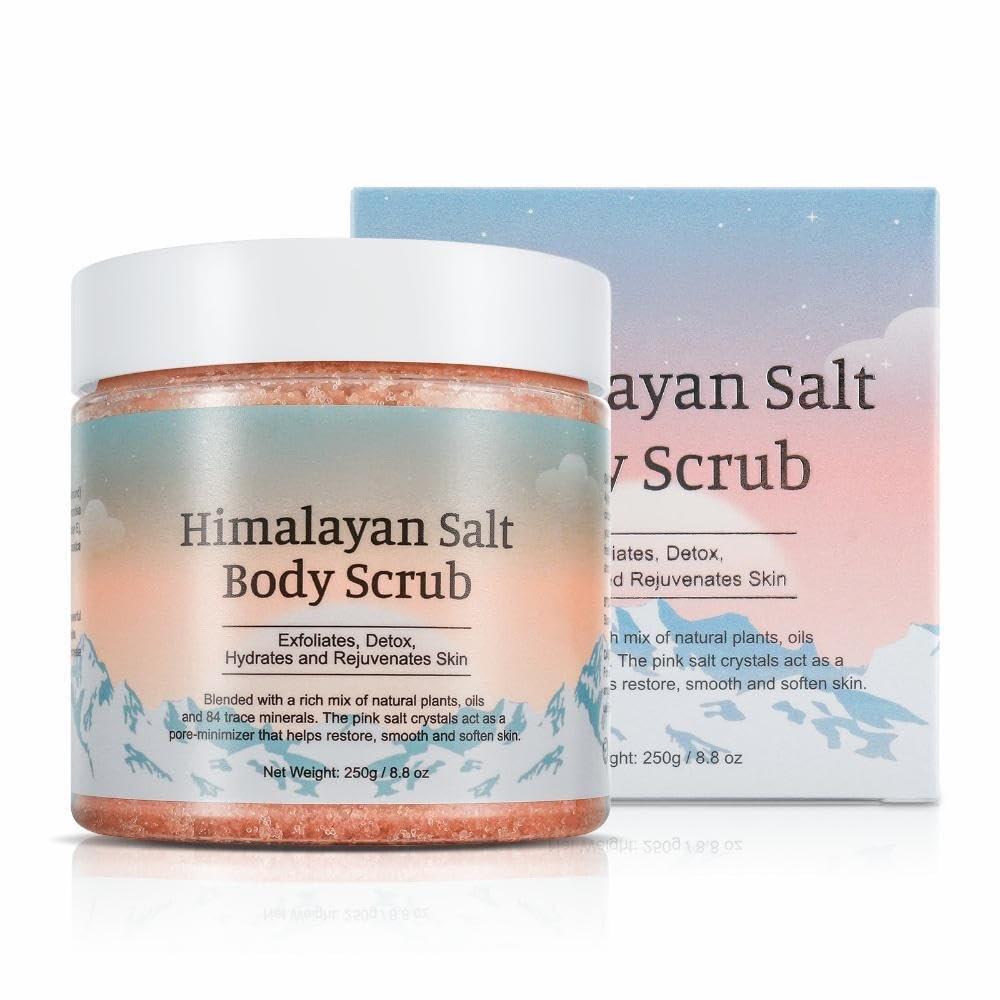 Himalayan Salt Body Scrub  250g / 8.8oz  Exfoliates, Detoxifies, Hydrates, and Rejuvenates Skin  Removes Dead Skin Cells and Toxins  Suitable for All Skin Types