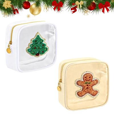 2026 New Christmas Preppy Patch Makeup Bags, 12 Pack Mini Clear Zipper Makeup Bag, Small Square Nylon Holiday Travel Skincare Cosmetic for Women Gift (2Pcs, F)