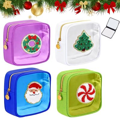 2026 New Christmas Preppy Patch Makeup Bags, 12 Pack Mini Clear Zipper Makeup Bag, Small Square Nylon Holiday Travel Skincare Cosmetic for Women Gift (4Pcs, B)