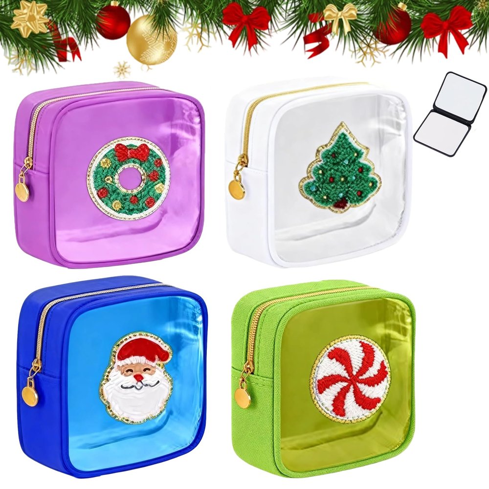 2026 New Christmas Preppy Patch Makeup Bags, 12 Pack Mini Clear Zipper Makeup Bag, Small Square Nylon Holiday Travel Skincare Cosmetic for Women Gift (4Pcs, B)