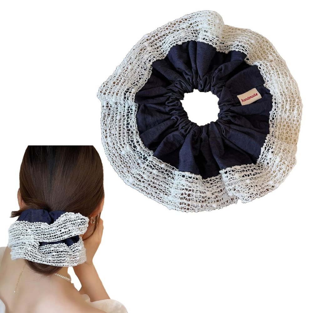 Large Lace Scrunchies for Women,Elastic Ponytail Holder,Hair Ties with Layered for Curly/Thick/Thin,Hair Accessory for Ponytails/Buns/Sleeping (Lace Trim)