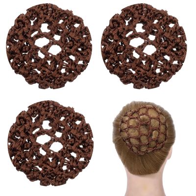 3 PCS Hair Nets for Buns, Elastic Invisible Women Hair Nets Handmade Crochet Scrunchies Bun Holders for Women Skating Ballet and Dance Accessories (Dark Brown)