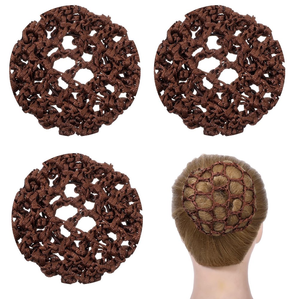3 PCS Hair Nets for Buns, Elastic Invisible Women Hair Nets Handmade Crochet Scrunchies Bun Holders for Women Skating Ballet and Dance Accessories (Dark Brown)