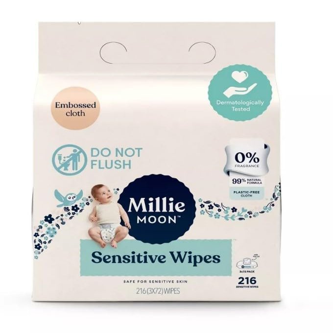 Millie Moon Sensitive Wipes (216 Count)-3 Packs of 72 Wipes (Pack of 1)