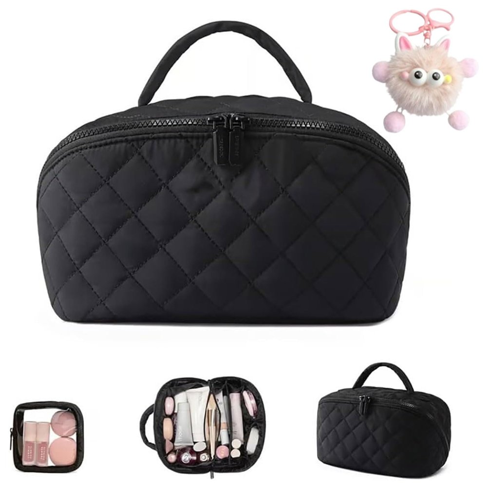 2026 New Travel Makeup Bag,Wide Open Lay-Flat Water-Resistant Cosmetic Case, Spacious 180 Open Cosmetic Organizer for Toiletries & Brushes Large Capacity with Compartments(Black)