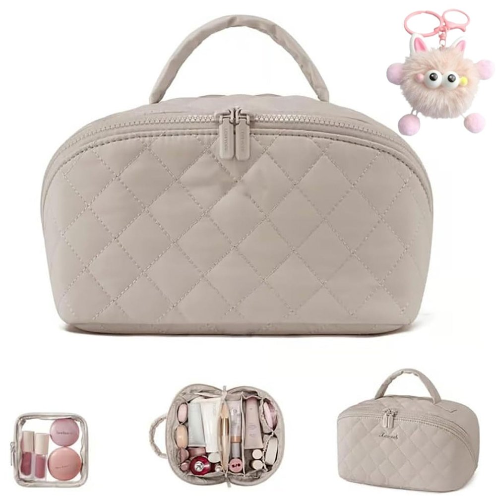 2026 New Travel Makeup Bag,Wide Open Lay-Flat Water-Resistant Cosmetic Case, Spacious 180 Open Cosmetic Organizer for Toiletries & Brushes Large Capacity with Compartments(Gray)