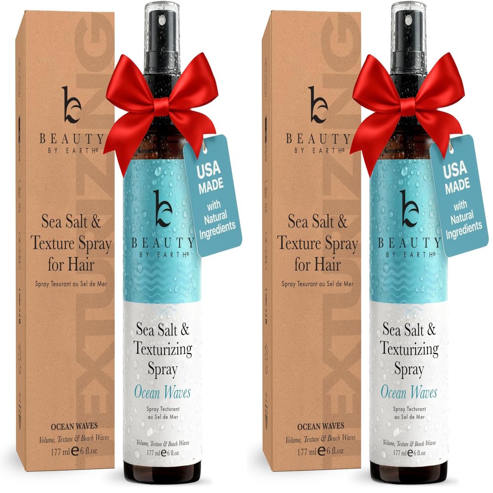 Beauty by Earth Sea Salt Spray for Textured Beach Waves & Volume - USA Made with Organic Ingredients, Texturing and Volumizing Spray for Fine Hair for Men & Women (Pack of 2)