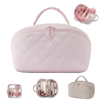 2026 New 180 Open Cosmetic Organizer, Expandable Makeup Bag, Travel Makeup Bags for Woman Fashion, Pouch Open Flat Small Toiletry Bags, With Handle Brush Compartment(Pink)