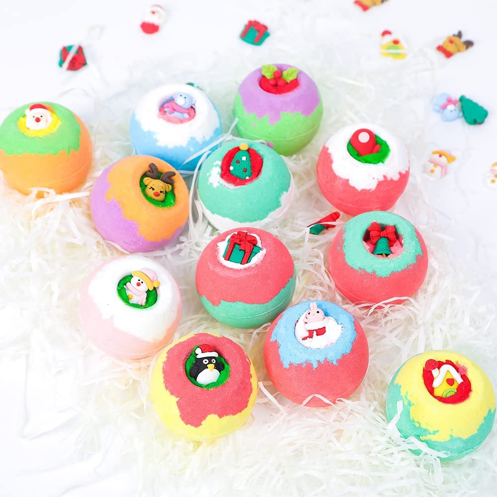 LUCKDANO 12PCS Christmas Bath Bombs Set, Organic Essential Oil Bath Salt Balls for Relaxation, with Santa Claus Snowman Elk Design for Women Girls