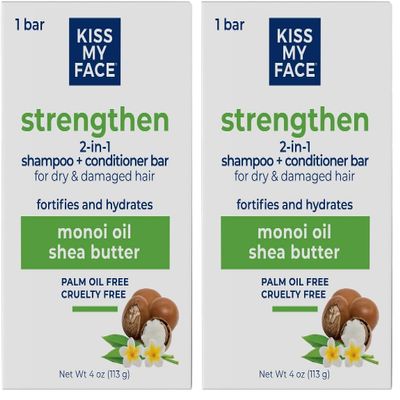Kiss My Face 2-in-1 Shampoo + Conditioner Bar - Hydrating, Soothing, Smoothening for All Hair Types, Palm Oil-Free, Cruelty-Free with Monoi Oil and Shea Butter (Pack of 2)