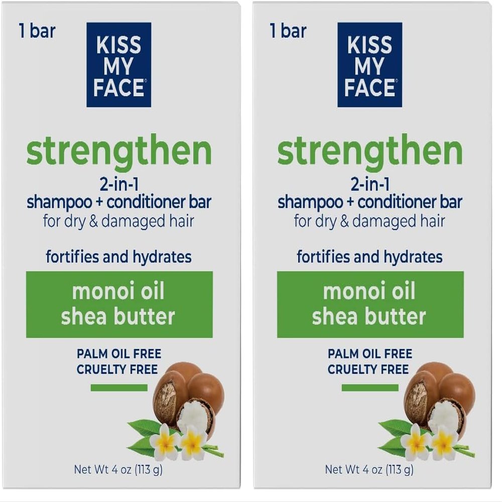Kiss My Face 2-in-1 Shampoo + Conditioner Bar - Hydrating, Soothing, Smoothening for All Hair Types, Palm Oil-Free, Cruelty-Free with Monoi Oil and Shea Butter (Pack of 2)