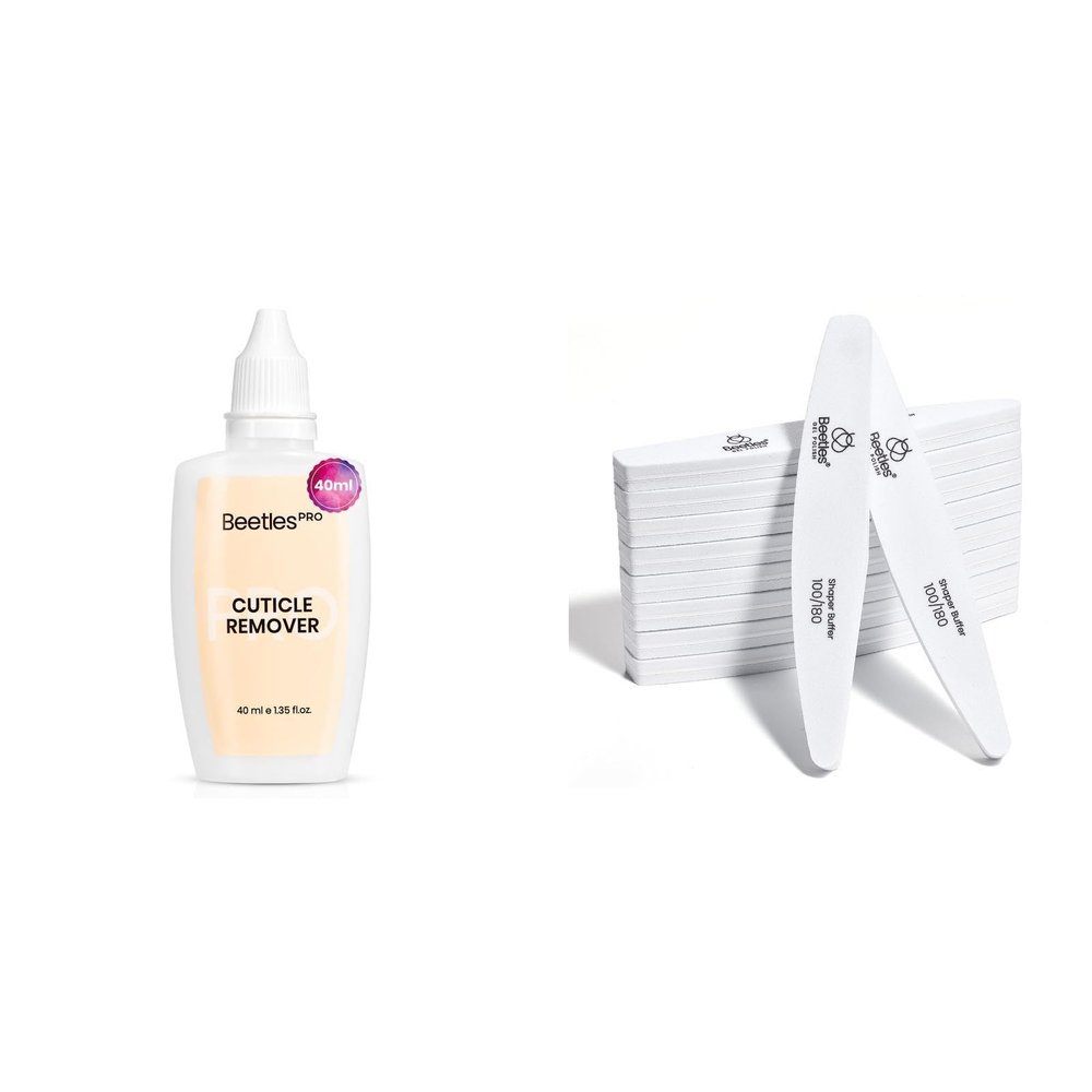 Beetles Pro Cuticle Remover - 40ml Each, Fast Drying Cuticle Remover Softener Liquid Gently Removes Dead Skin with Pro 10-Pcs Nail File Nail Buffer  Professional 100/180 Grit Double Sides