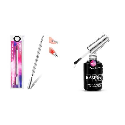 Beetles Pro Cuticle Pusher, Professional Stainless Steel Cuticle Remover Multi-Function Dual Ended with Pro Gel Base Coat 20ml Each, Hema-Free & Self-Leveling Long-Lasting to 28 Days