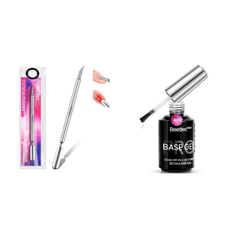 Beetles Pro Cuticle Pusher, Professional Stainless Steel Cuticle Remover Multi-Function Dual Ended with Pro Gel Base Coat 20ml Each, Hema-Free & Self-Leveling Long-Lasting to 28 Days