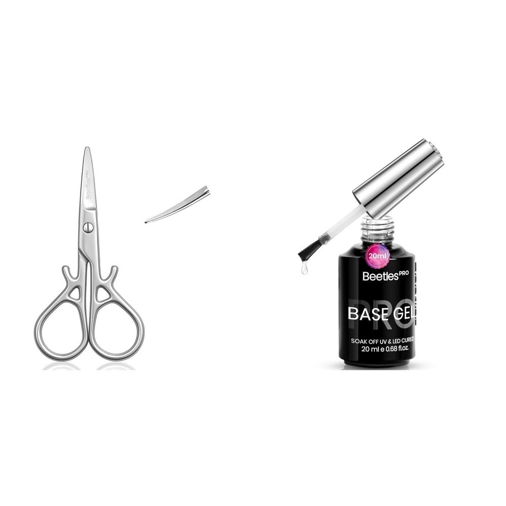 Beetles Professional Curved Cuticle Scissors, Multi-Purpose Premium Stainless Steel Nail Scissors for Nail with Pro Gel Base Coat 20ml Each, Hema-Free & Self-Leveling Long-Lasting to 28 Days