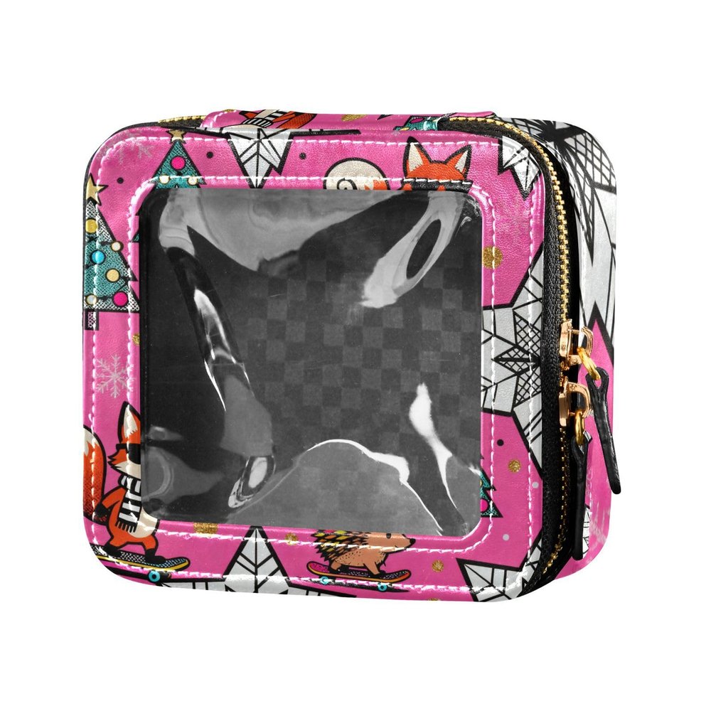 Pink Merry Christmas Fox Skiing Clear Small Makeup Bag for Purse Cosmetic Bag for Traveling