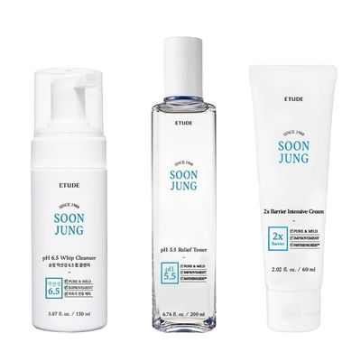 ETUDE Soonjung pH 6.5 Whip Cleanser (5.07 Fl Oz) + SoonJung pH5.5 Relief Toner (6.76 Fl Oz) + SoonJung 2x Barrier Intensive Cream Rich Moisture (2.02 fl oz)