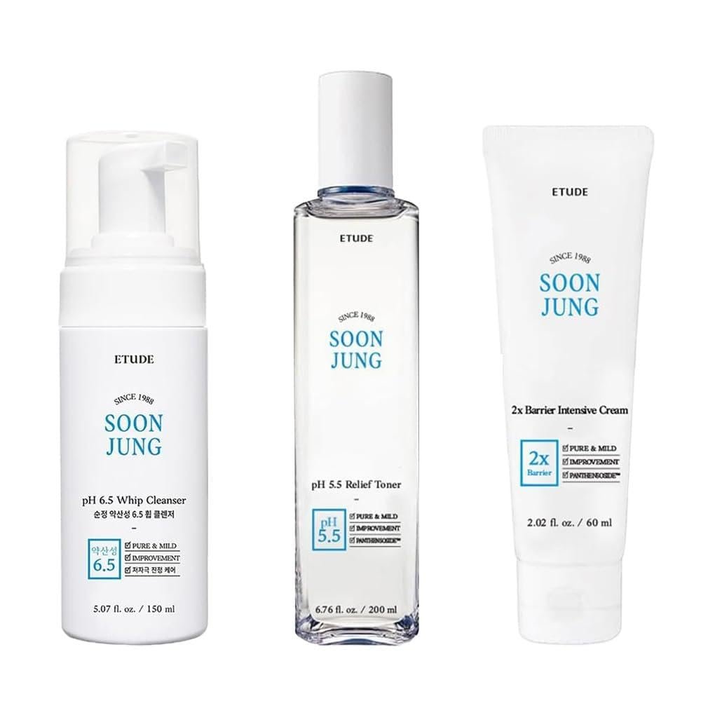 ETUDE Soonjung pH 6.5 Whip Cleanser (5.07 Fl Oz) + SoonJung pH5.5 Relief Toner (6.76 Fl Oz) + SoonJung 2x Barrier Intensive Cream Rich Moisture (2.02 fl oz)