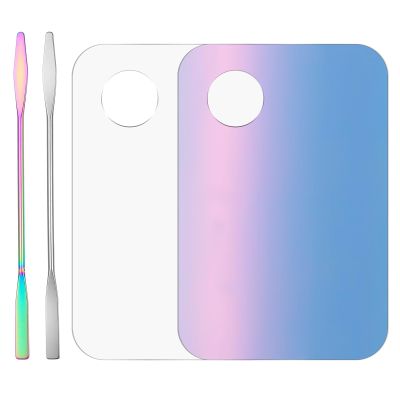 2 Set Acrylic Cosmetic Makeup Palette, Makeup Mixing Tray with Makeup Spatula for Cream Liquid Foundation Eye Shadow Lipsticks Nail Art Beauty Salon (Iridescent and Transparent)
