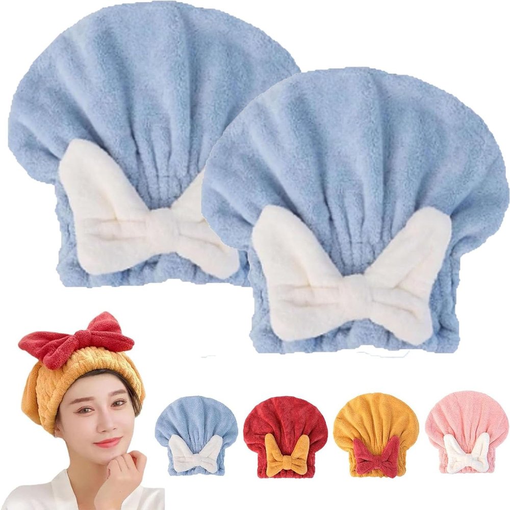 Asnearby New Super Absorbent Hair Towel Wrap for Wet Hair, Microfiber Bow Tie Hair Towel Wrap, Super Absorbent Hair Towel for Long Wet Plopping Towel Curly Hair Head Towels (2pcs*Blue)
