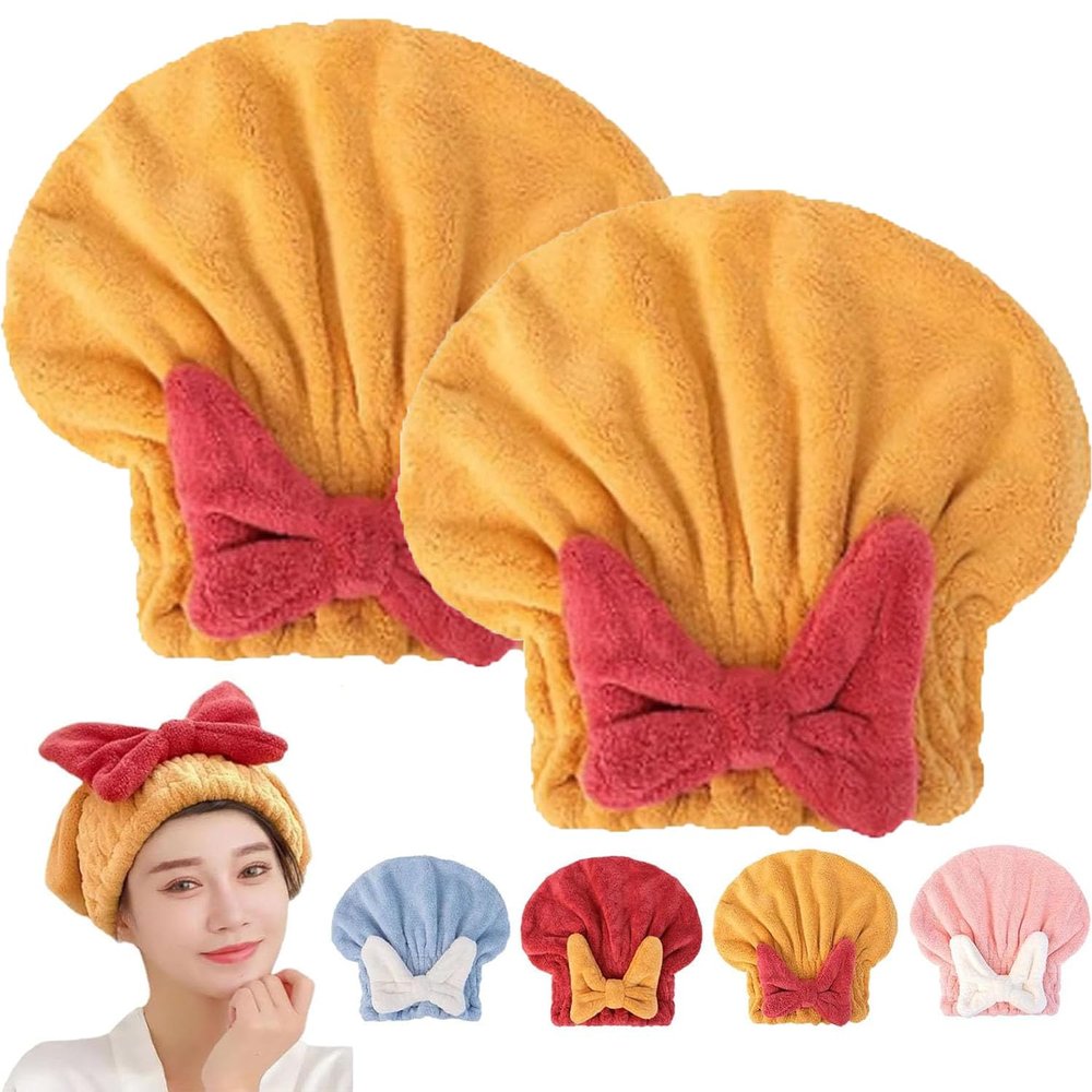 Asnearby New Super Absorbent Hair Towel Wrap for Wet Hair, Microfiber Bow Tie Hair Towel Wrap, Super Absorbent Hair Towel for Long Wet Plopping Towel Curly Hair Head Towels (2pcs*Yellow)